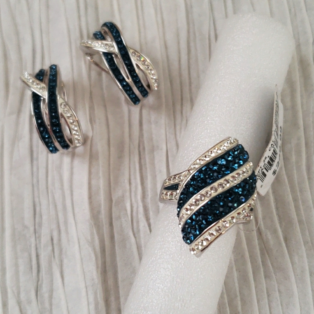 Platinum over Bronze Blue & White Crystal 3 piece set